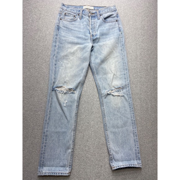 Denim Forum Womens Jeans 28x28 Ex-Boyfriend  Light Wash‎ Distressed Knees Tag 25 - Picture 1 of 13